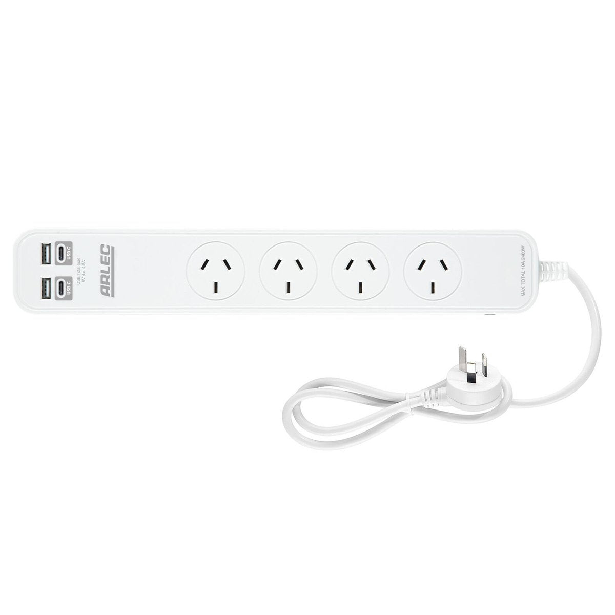 Arlec 4 Outlet Powerboard with USB 2A & 2C Charging Ports - 0.9m - White - Overload Protection - SuperSaverAU - view 1