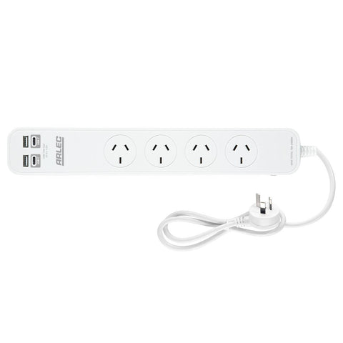 Arlec 4 Outlet Powerboard with USB 2A & 2C Charging Ports - 0.9m - White - Overload Protection - SuperSaverAU - view 1