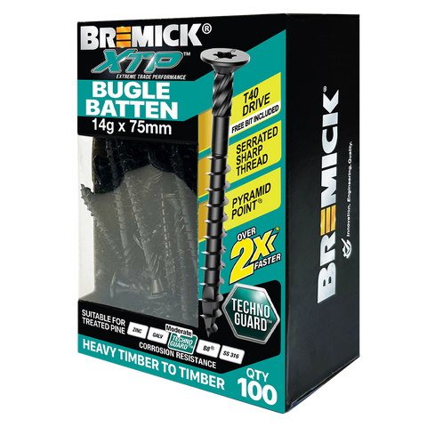 Bremick XTP 14g x 75mm Carbon Steel T40 Bugle Batten Screws Technoguard Black 100 Pack