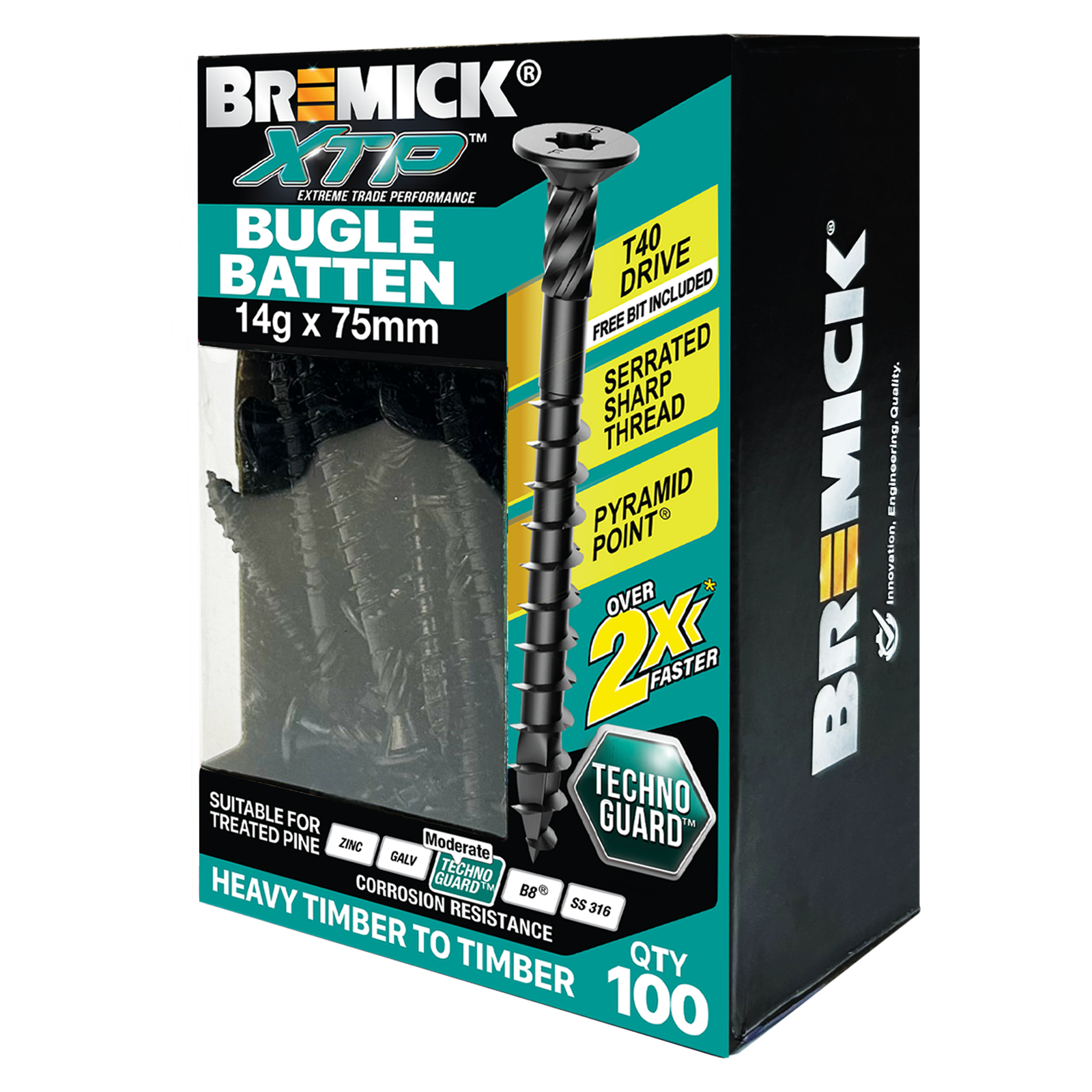 Bremick XTP 14g x 75mm Carbon Steel T40 Bugle Batten Screws Technoguard Black 100 Pack