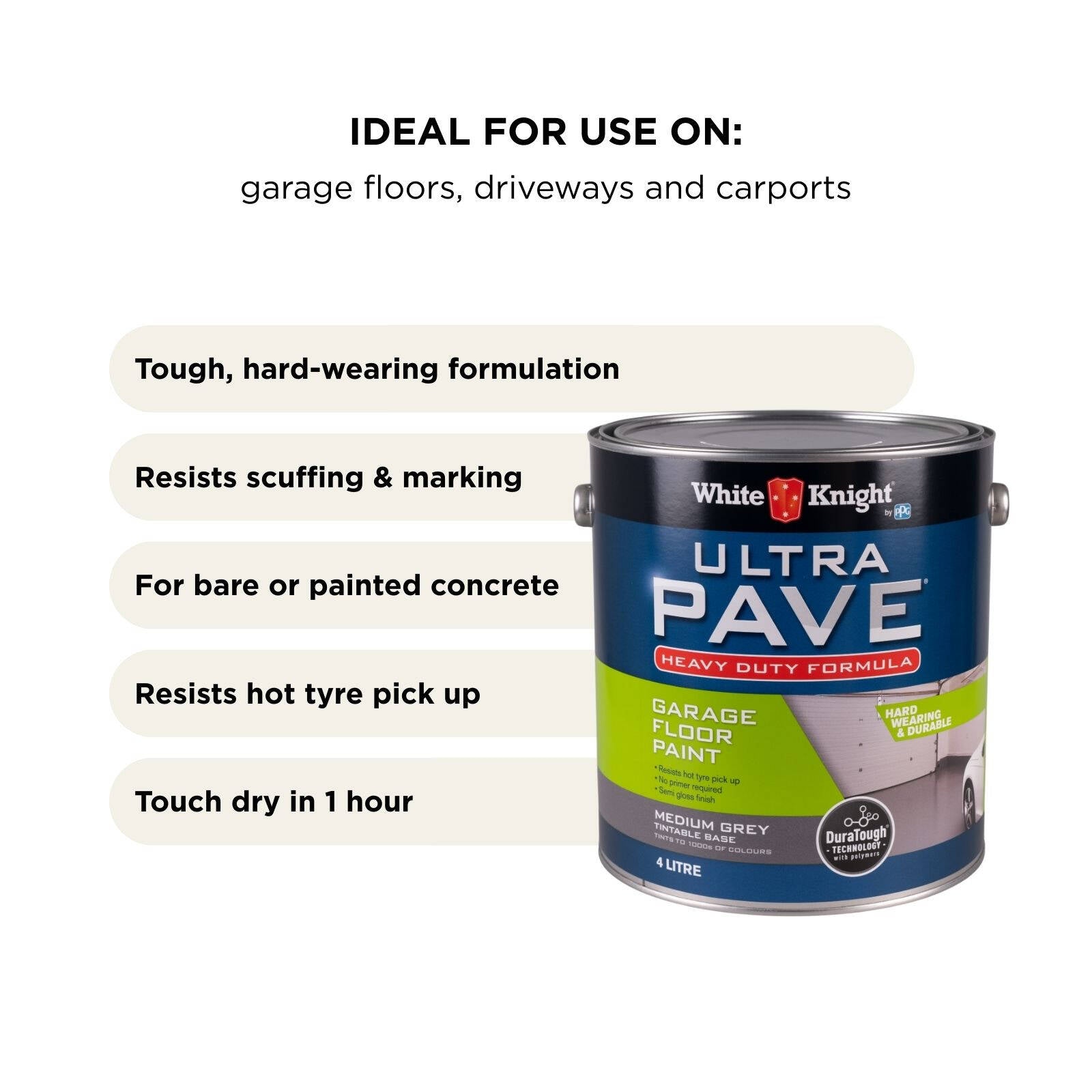 White Knight Ultra Pave 4L Medium Grey Heavy Duty Garage Floor Paint - UV Resistant, 16m2/L