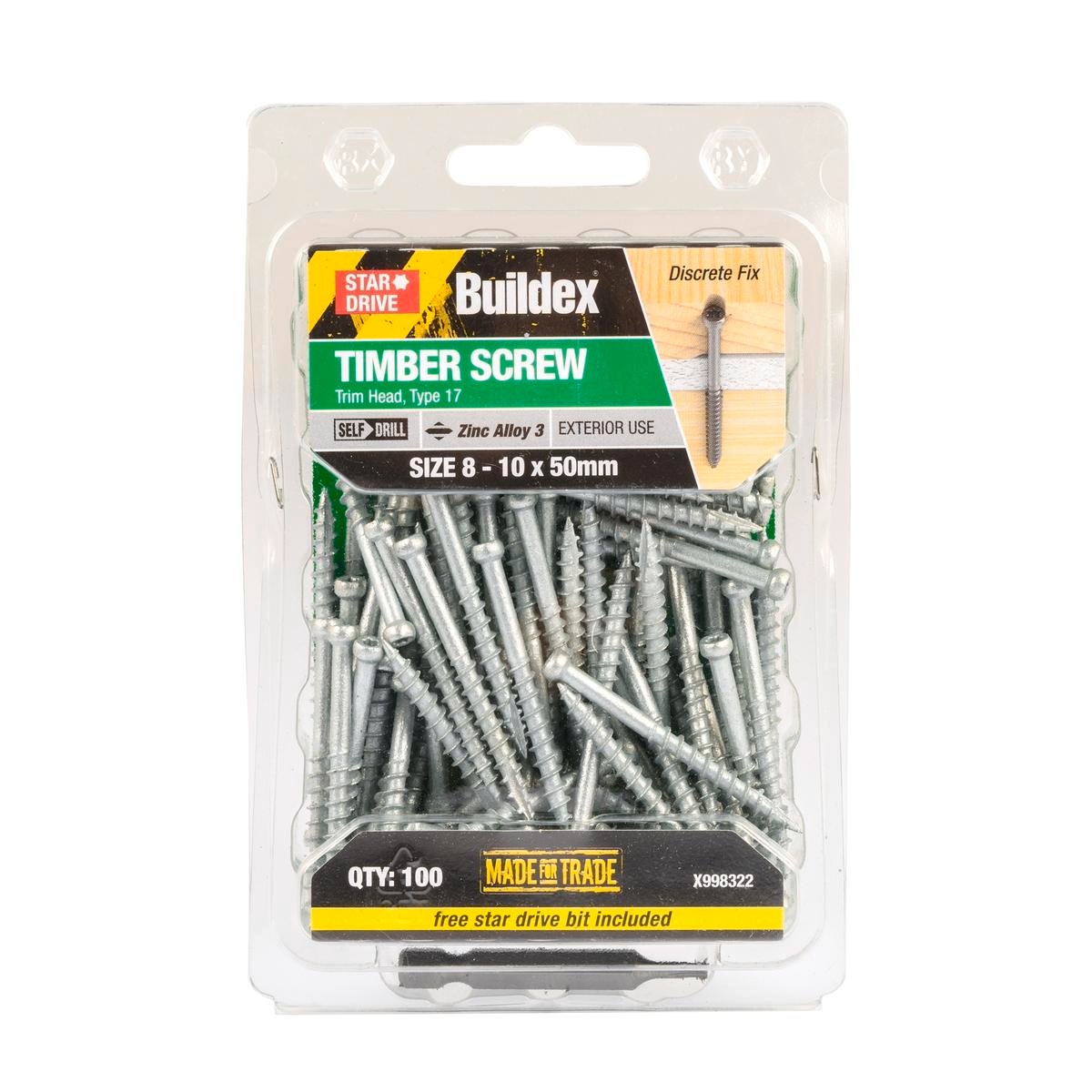Buildex Trim Head Timber Screw - 10g x 50mm - Zinc Alloy 3 - 100 Pack - SuperSaverAU - view 1