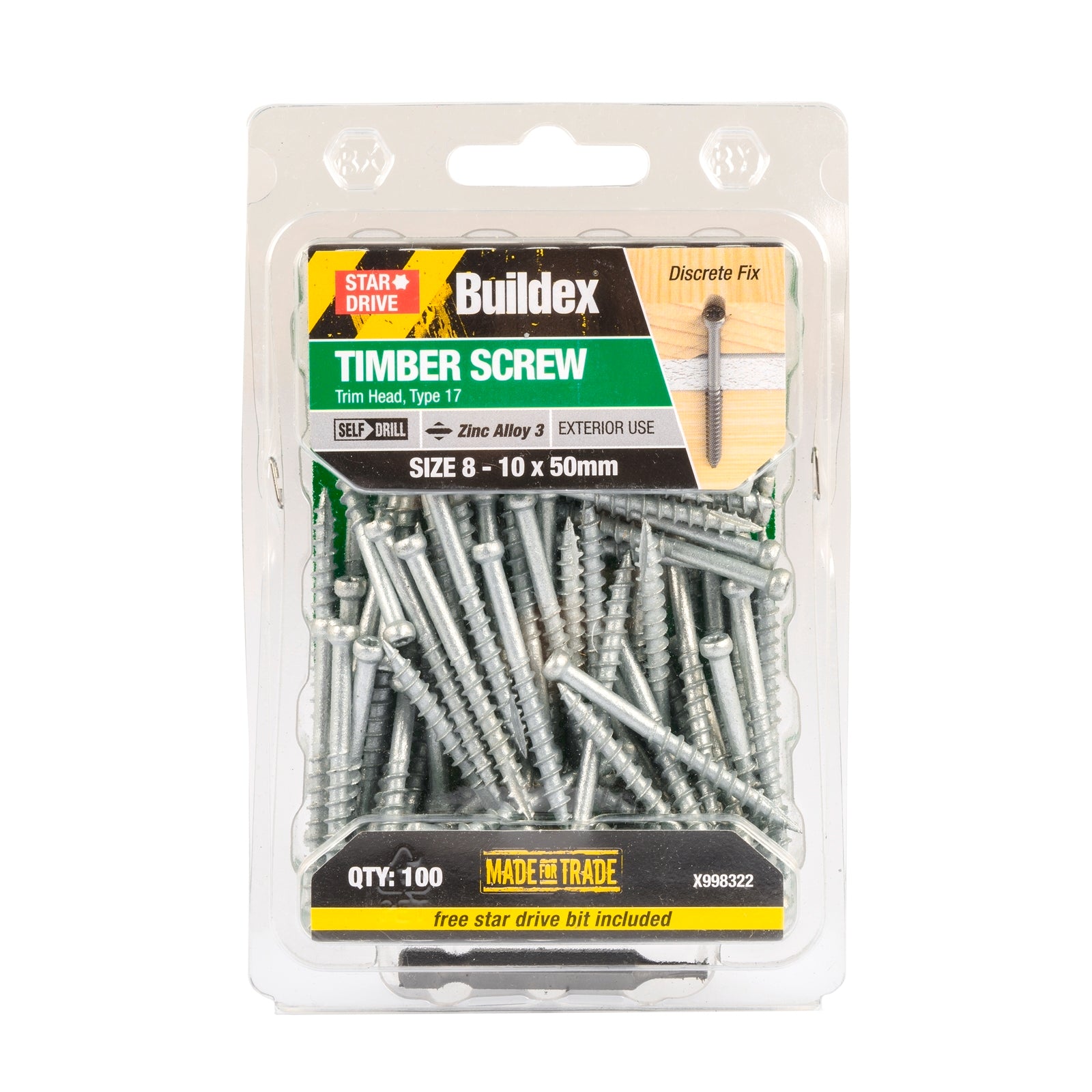 Buildex 8-10 x 50mm Zinc Alloy 3 Trim Head Timber Screw - 100 Pack