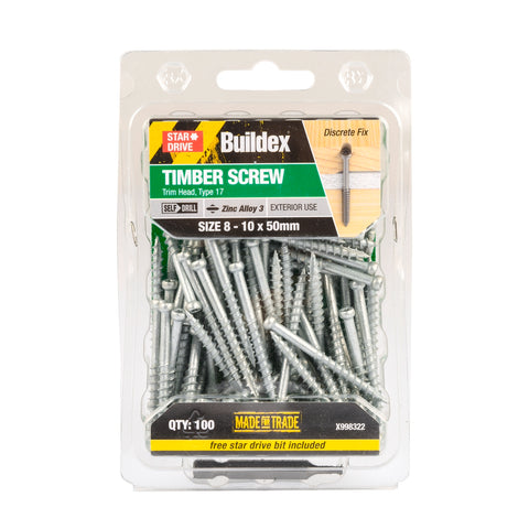 Buildex 8-10 x 50mm Zinc Alloy 3 Trim Head Timber Screw - 100 Pack