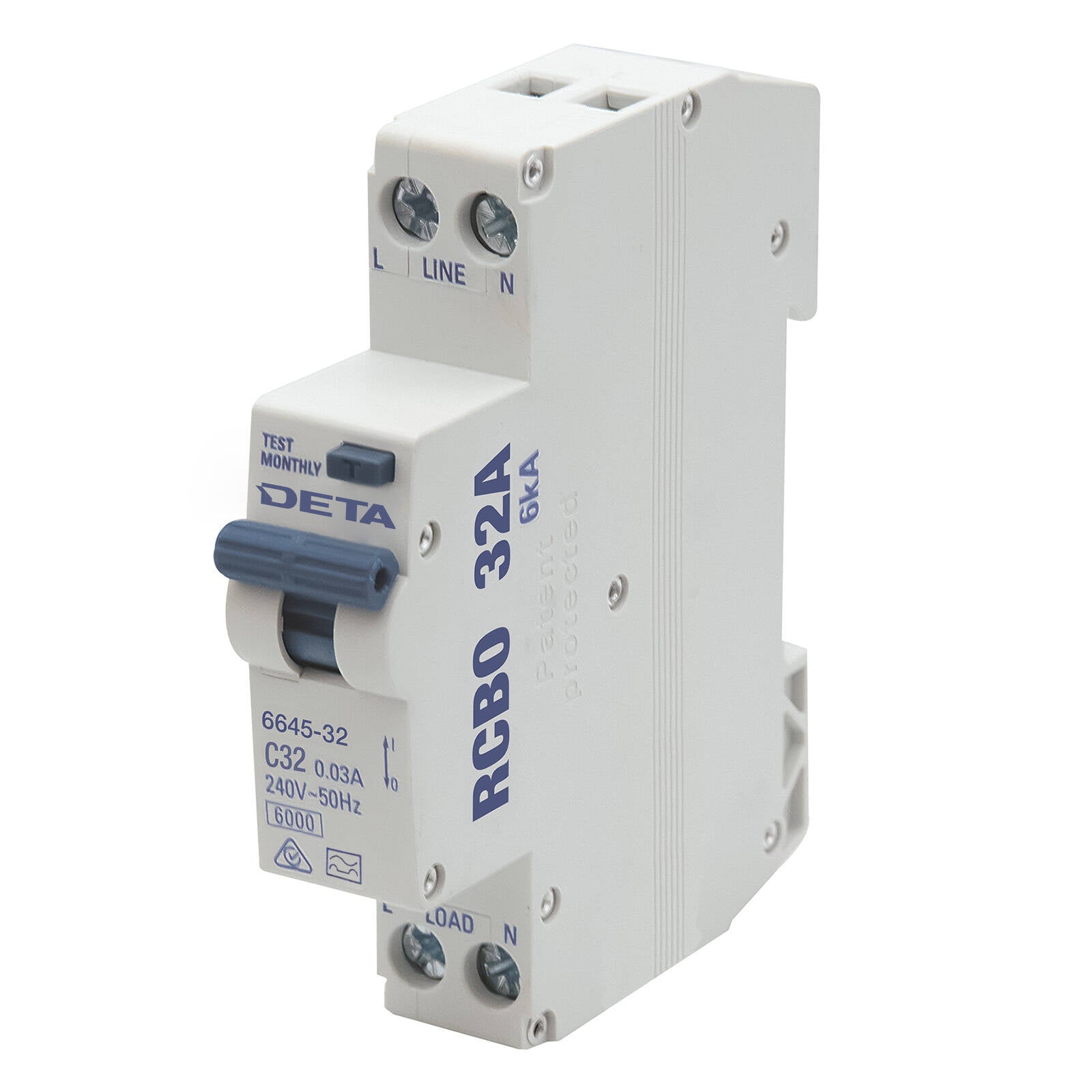DETA 32A Residual Circuit Breaker With Overload Protection 240V RCBO Din Rail 6645-32b
