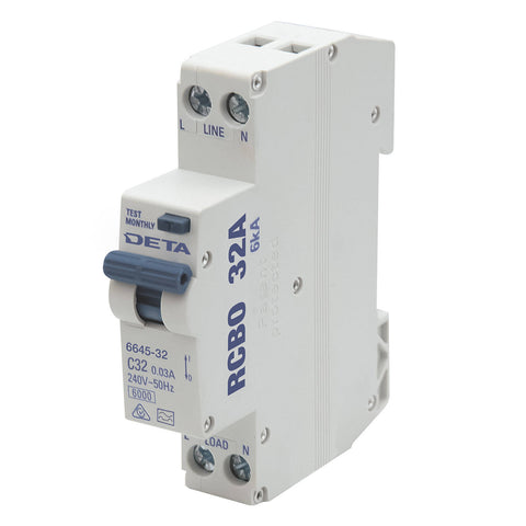DETA 32A Residual Circuit Breaker With Overload Protection 240V RCBO Din Rail 6645-32b
