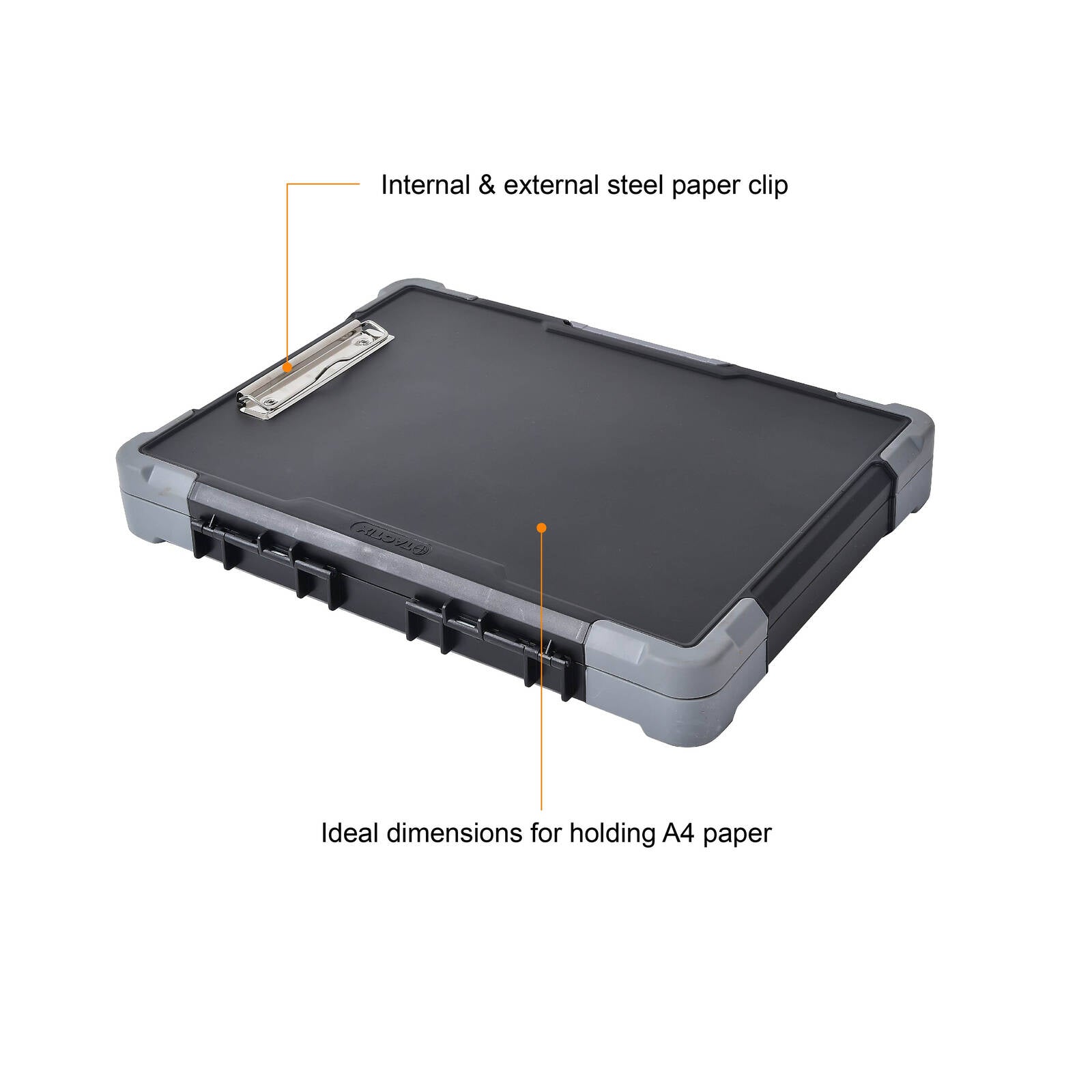 Tactix A4 Clipboard Organiser, Polypropylene and TPR, Document and Stationery Storage, Black and Grey