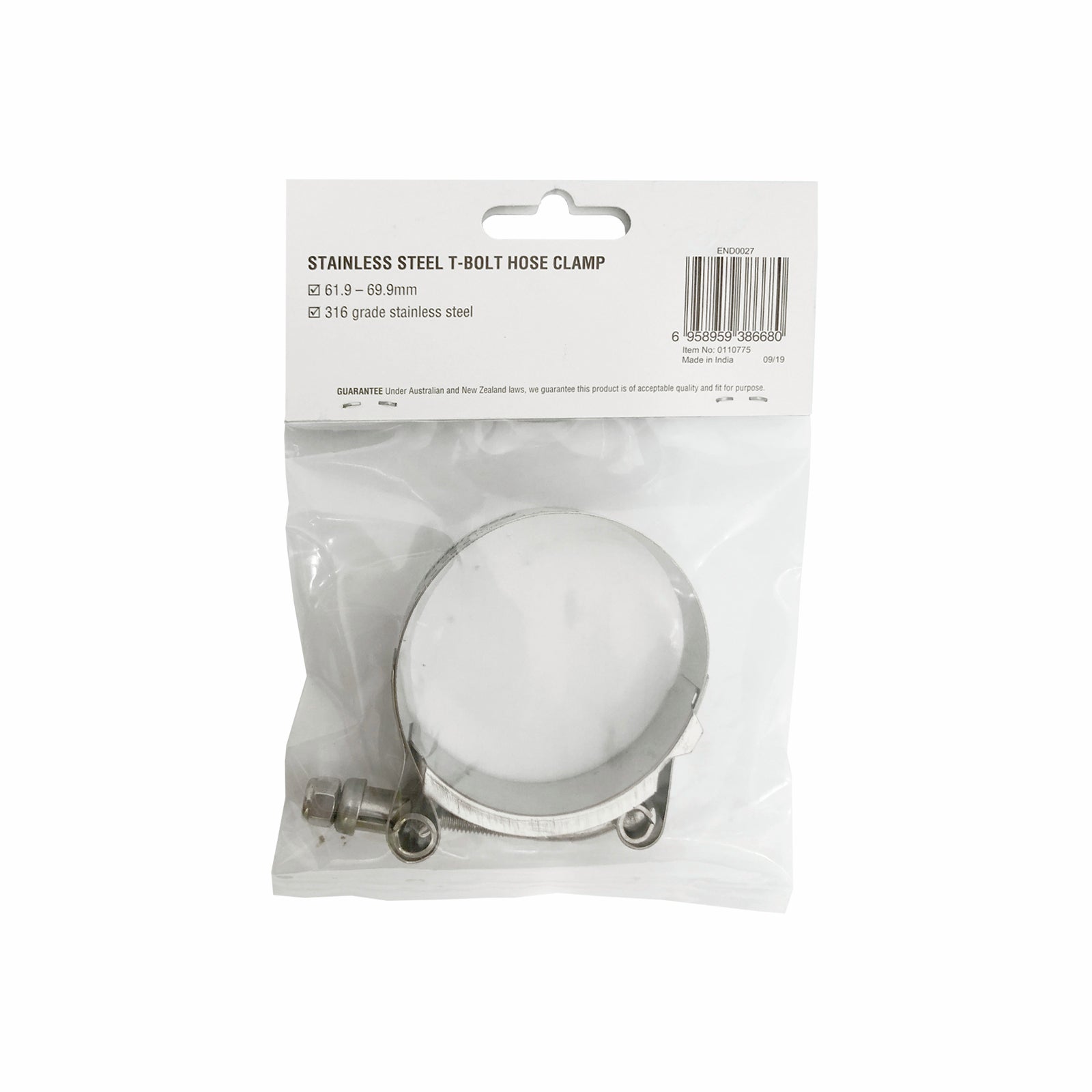 EnduraSeal 62-70mm Grade 316 Stainless Steel T-Bolt Hose Clamp Corrosion Resistant