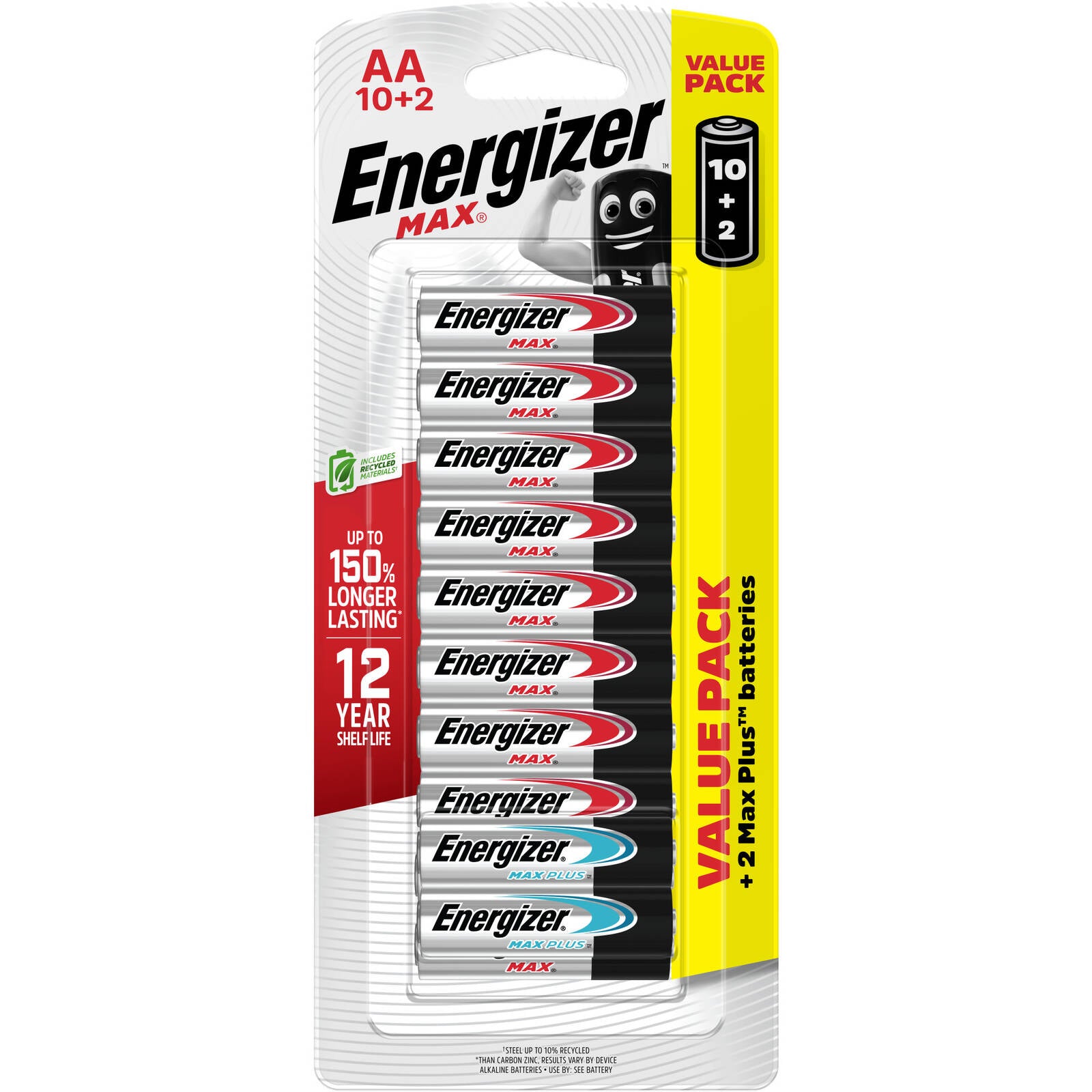 Energizer Max AA Alkaline Batteries 12 Pack (10+2), 1.5V Long Life