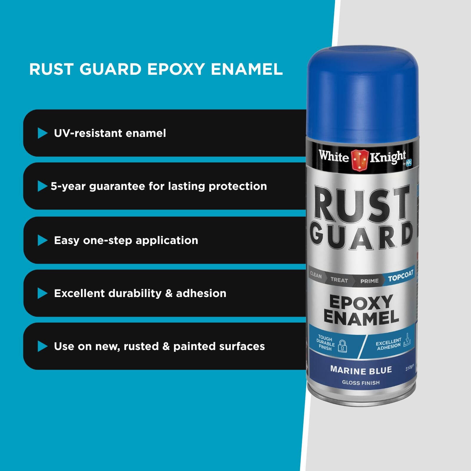 White Knight Rust Guard Epoxy Enamel Spray Paint 310g - Marine Blue Gloss, Solvent Based Metal Finish