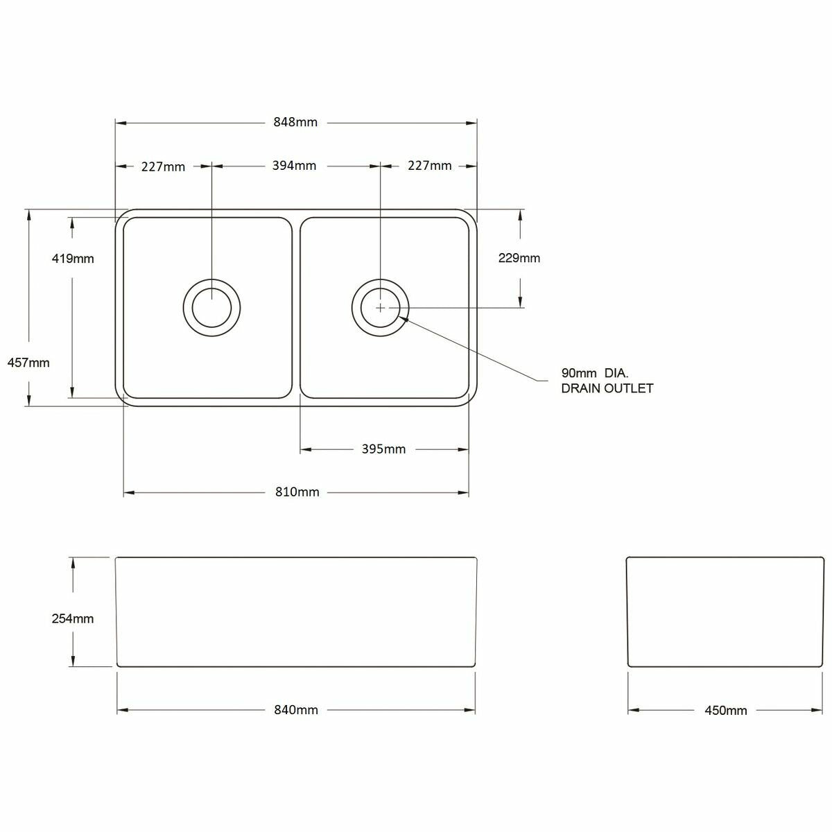 Turner Hastings Novi 85 x 46 Fine Fireclay Double Bowl Butler Sink - Gloss White, Double Sided - NO85FS