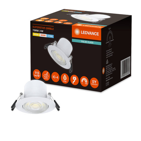 Ledvance 5W LED Gimble Downlight 70mm White Tri-Colour Dimmable Plug-In Indoor