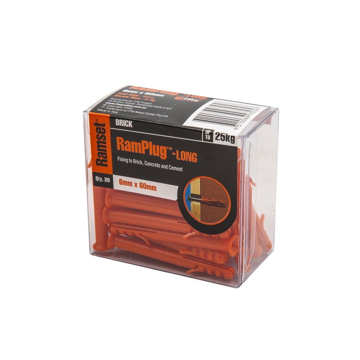 Ramset 6 x 60mm Long RamPlug Nylon Anchor, Orange - 30 Pack