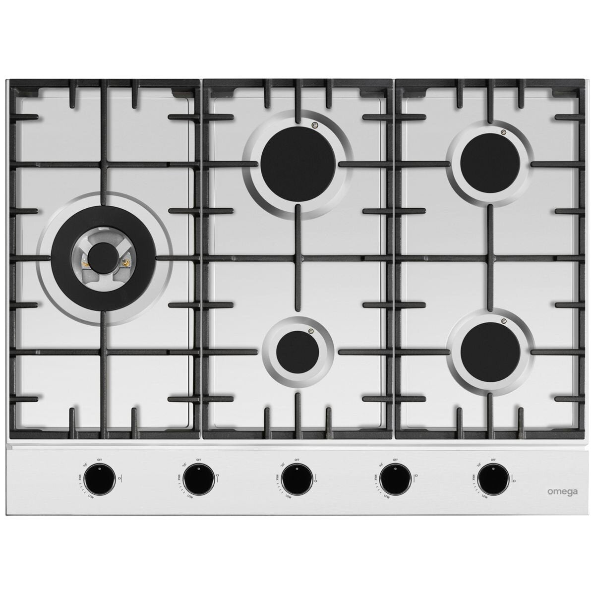 Omega 70cm Natural Gas Cooktop - Stainless Steel, Five Burners, 20MJ Triple Ring Wok Burner - OCG705WX