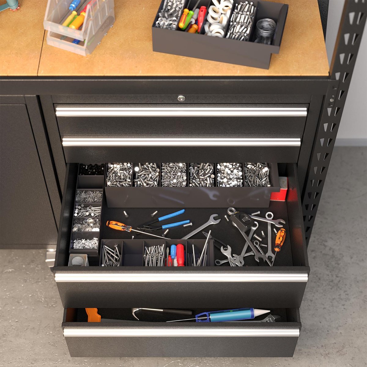 Handy Storage Medium Grey Spare Parts Tray, PP Organiser with Removable Dividers