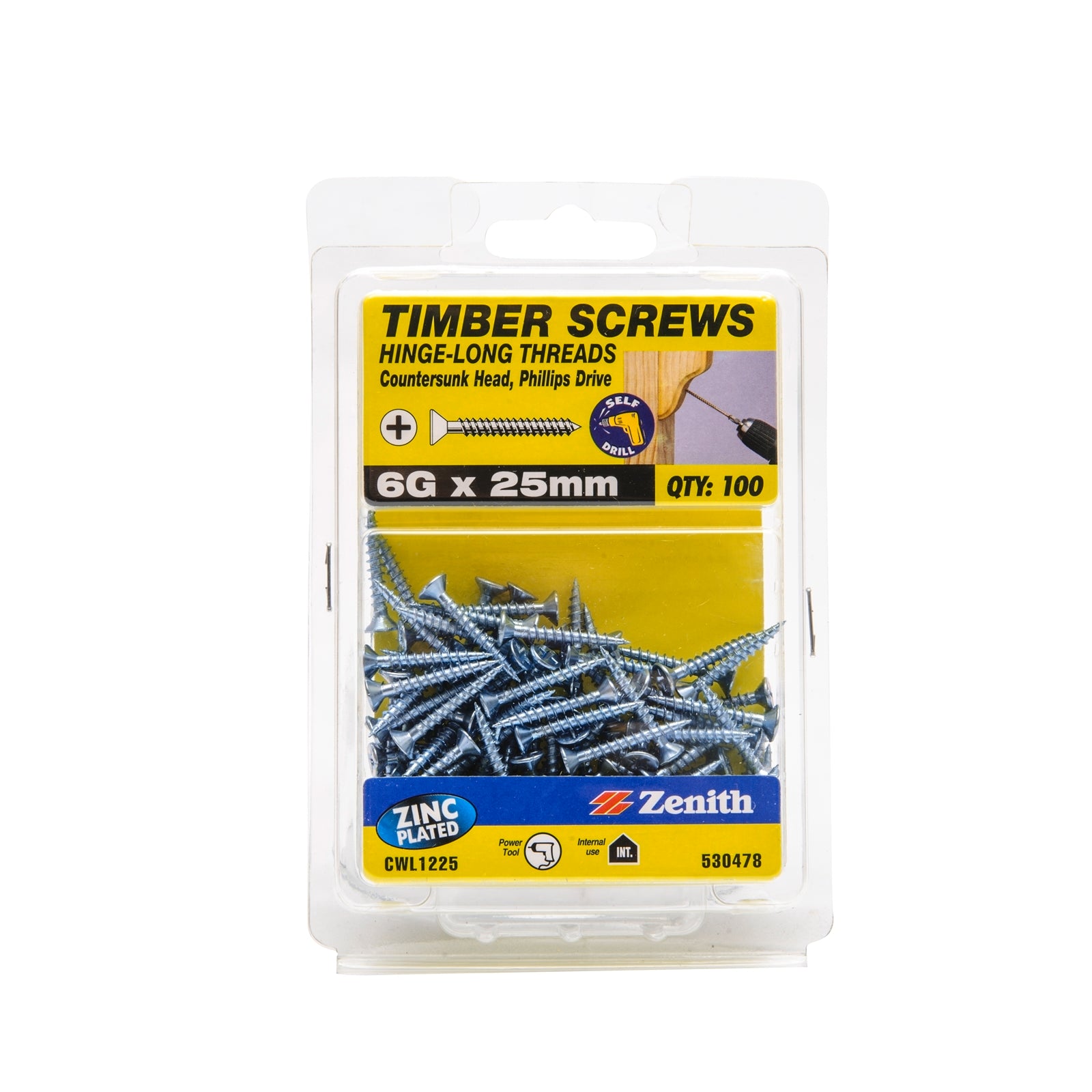 Zenith 6G x 25mm Zinc Plated Countersunk Hinge Timber Screws 100 Pack
