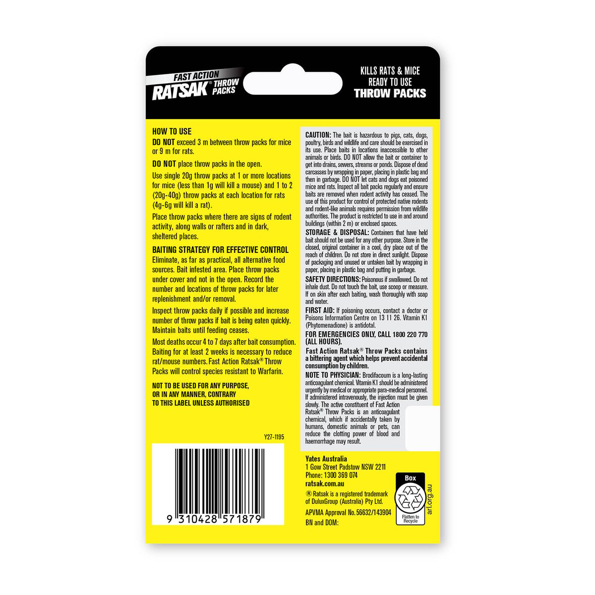 Ratsak Fast Action Throw Packs 100g (5 x 20g Sachets) Indoor Rat & Mouse Bait