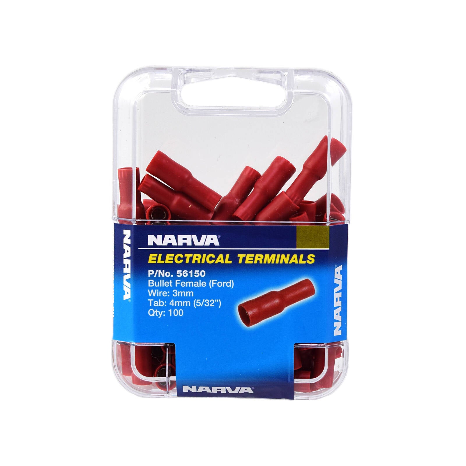 Narva Red Double Crimped Female Bullet Terminal, 2.5-3mm, 4mm, Flared Vinyl, 100 Pack