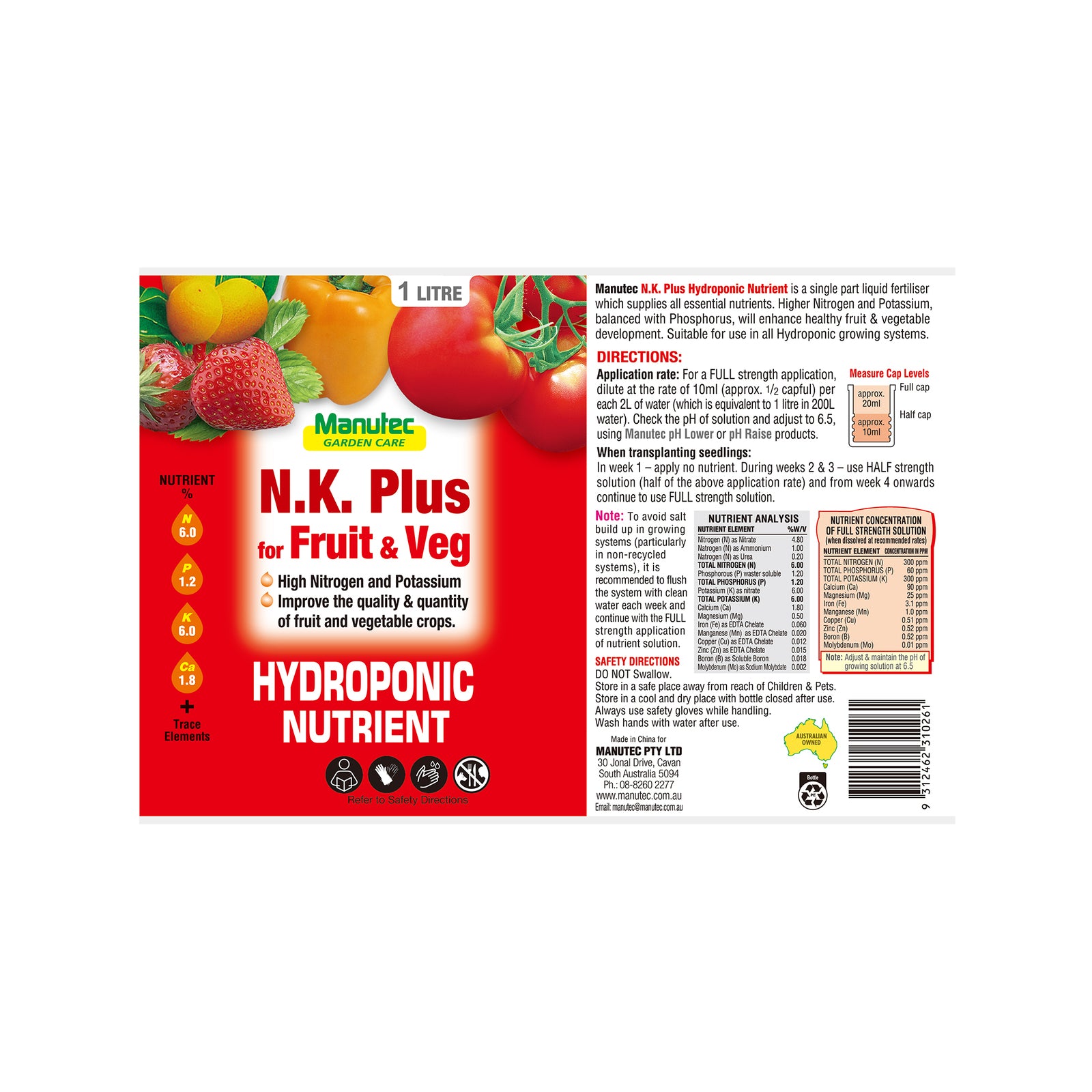 Manutec 1L Hydroponic NK Plus for Fruit and Veg