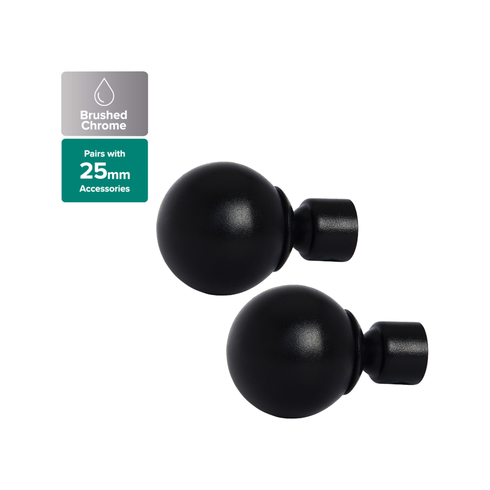 Pillar 58mm Black Aluminium Ball Finial Suits 25mm Curtain Rod 2 Pack