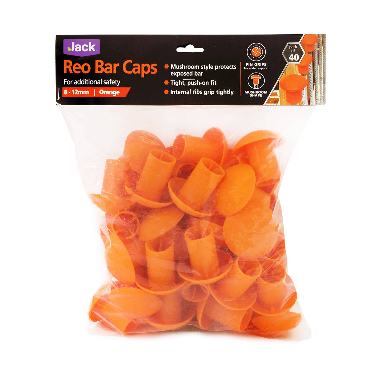 Jack 8-12mm Orange Mushroom Reinforcing Bar Safety Caps 40 Pack