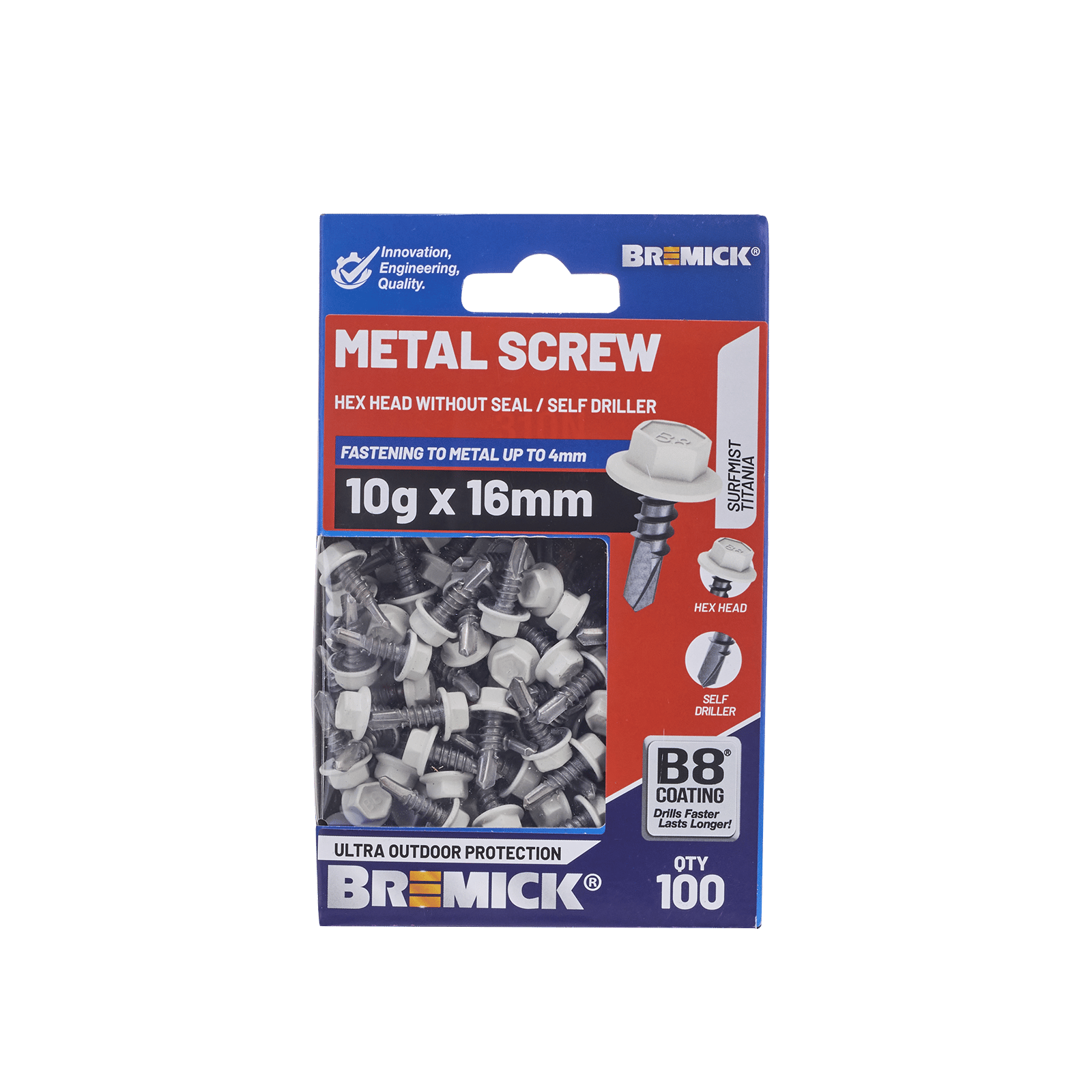 Bremick 10G x 16mm Metal Hex Screw, Surfmist B8 Drill Point Fine Thread - 100 Pack