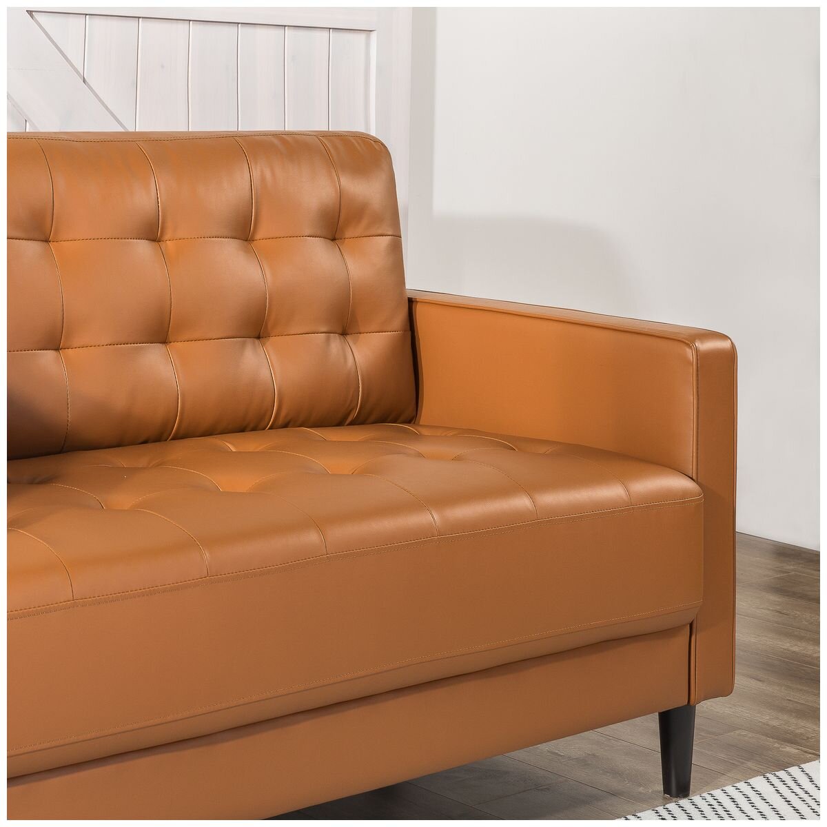 Zinus Benton 3 seater faux leather sofa - cognac, grid tufted, tapered wooden legs - AU-USSBTF-3CL