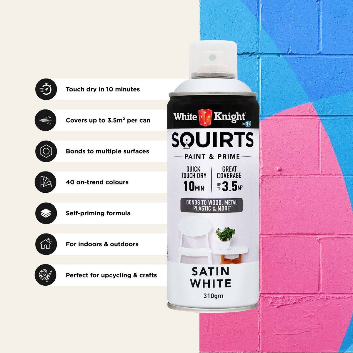 White Knight Squirts 310g White Satin Spray Paint - Quick Dry - Durable Finish - SuperSaverAU - view 5