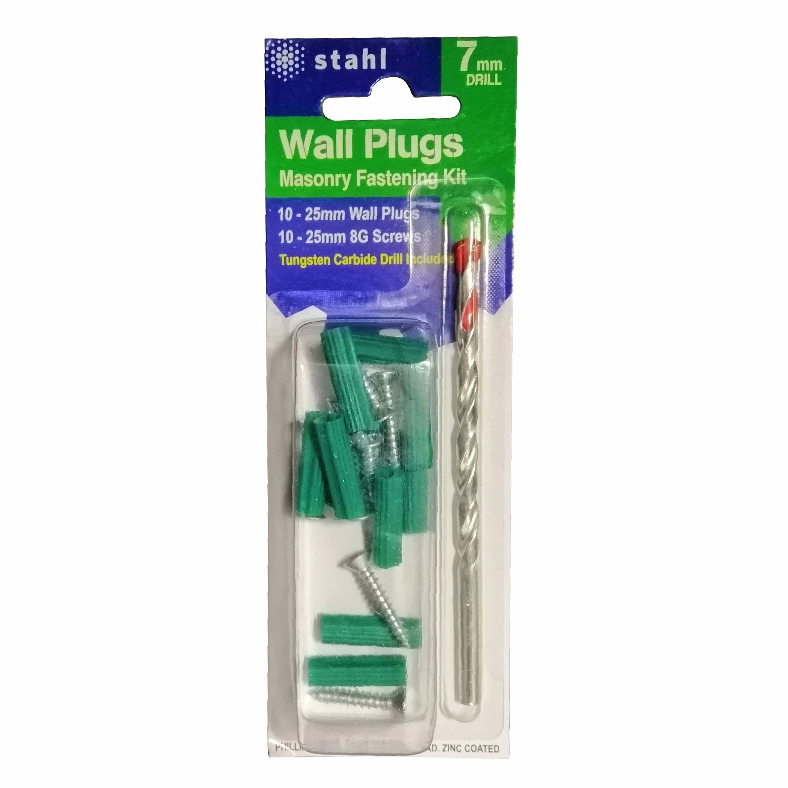Stahl 7mm Masonry Kit with 25mm Green Wall Plugs
