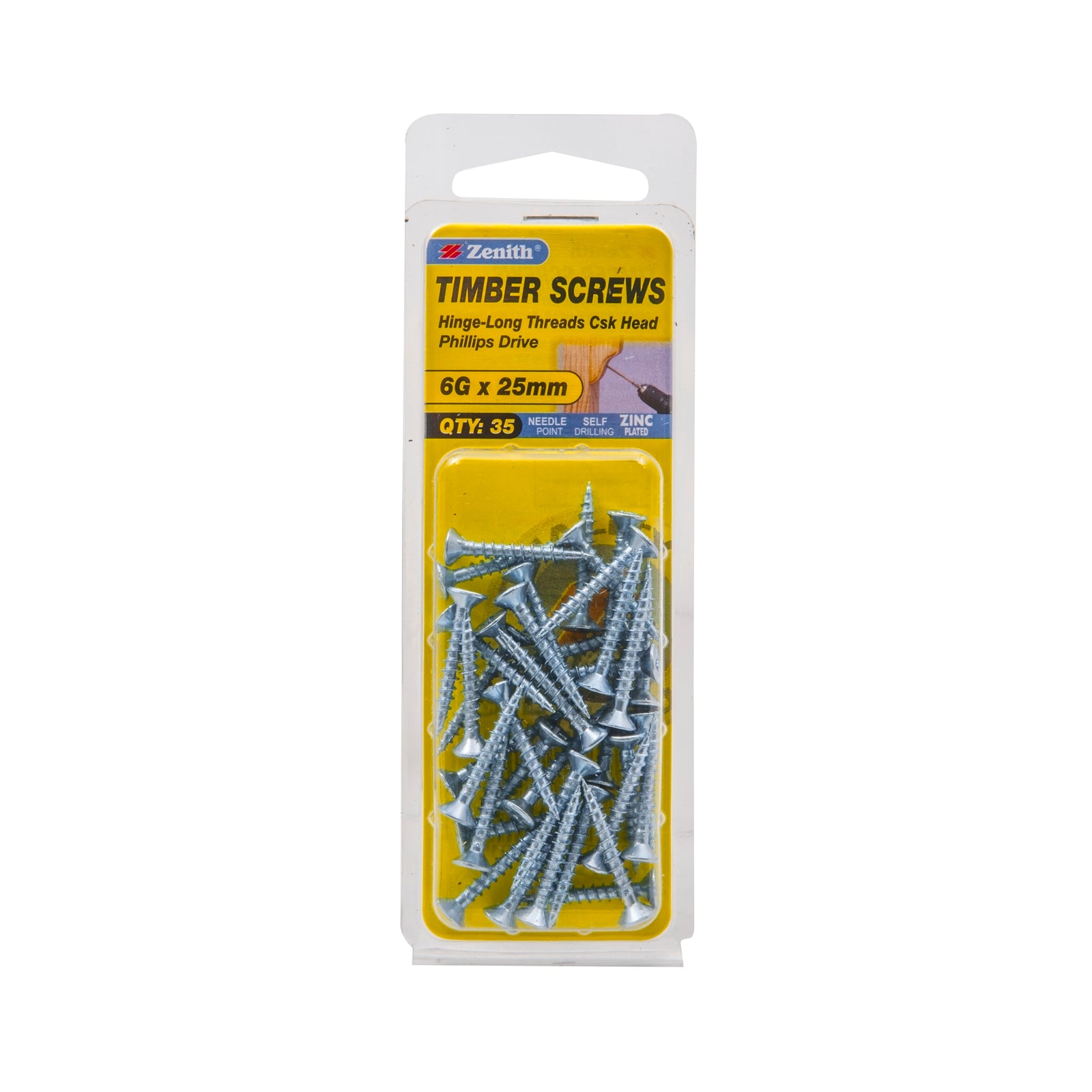 Zenith 6G x 25mm Zinc Plated Countersunk Hinge Timber Screws - 35 Pack