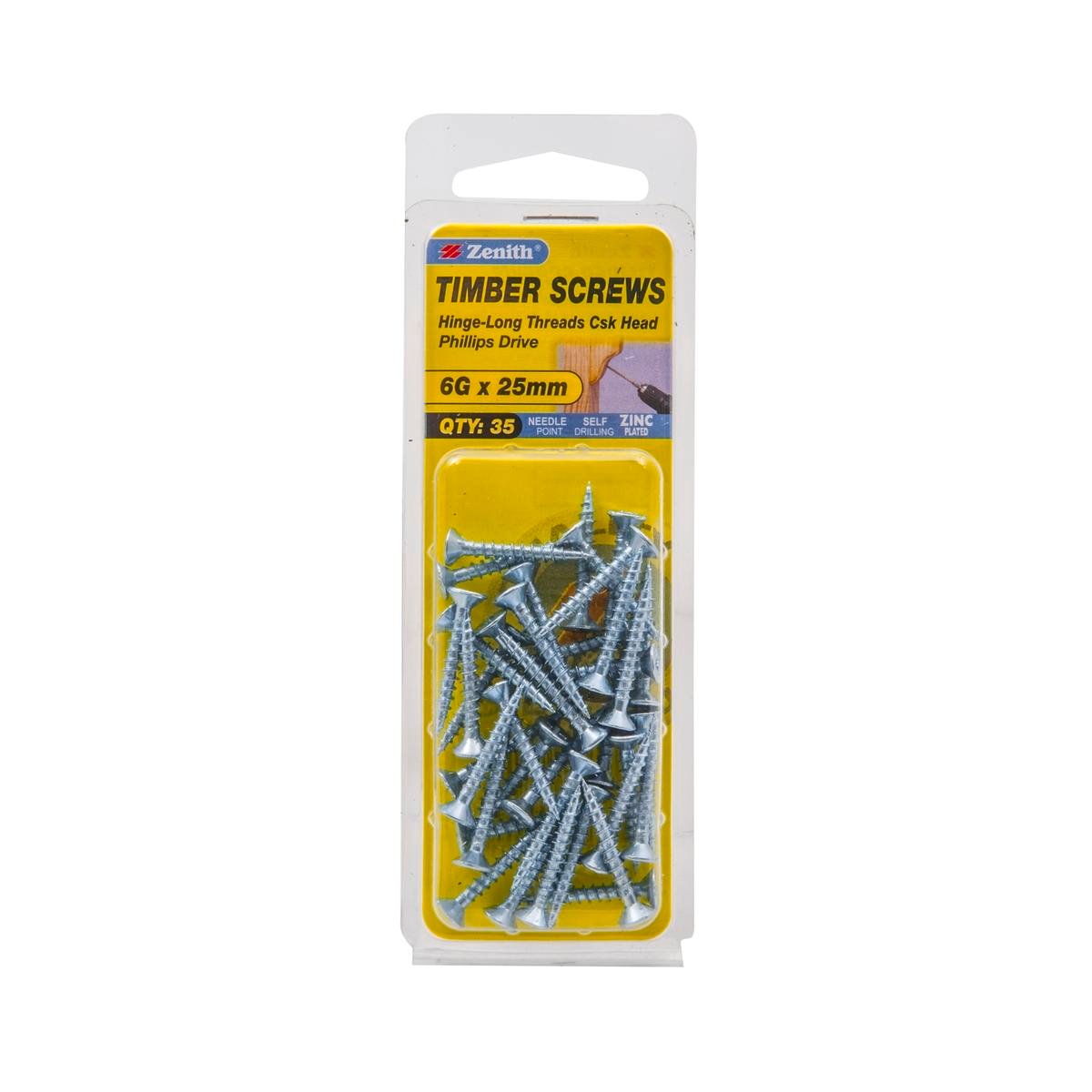 Zenith Hinge Long Thread Screws - 6g x 25mm - Zinc Plated - 35 Pack - SuperSaverAU - view 1