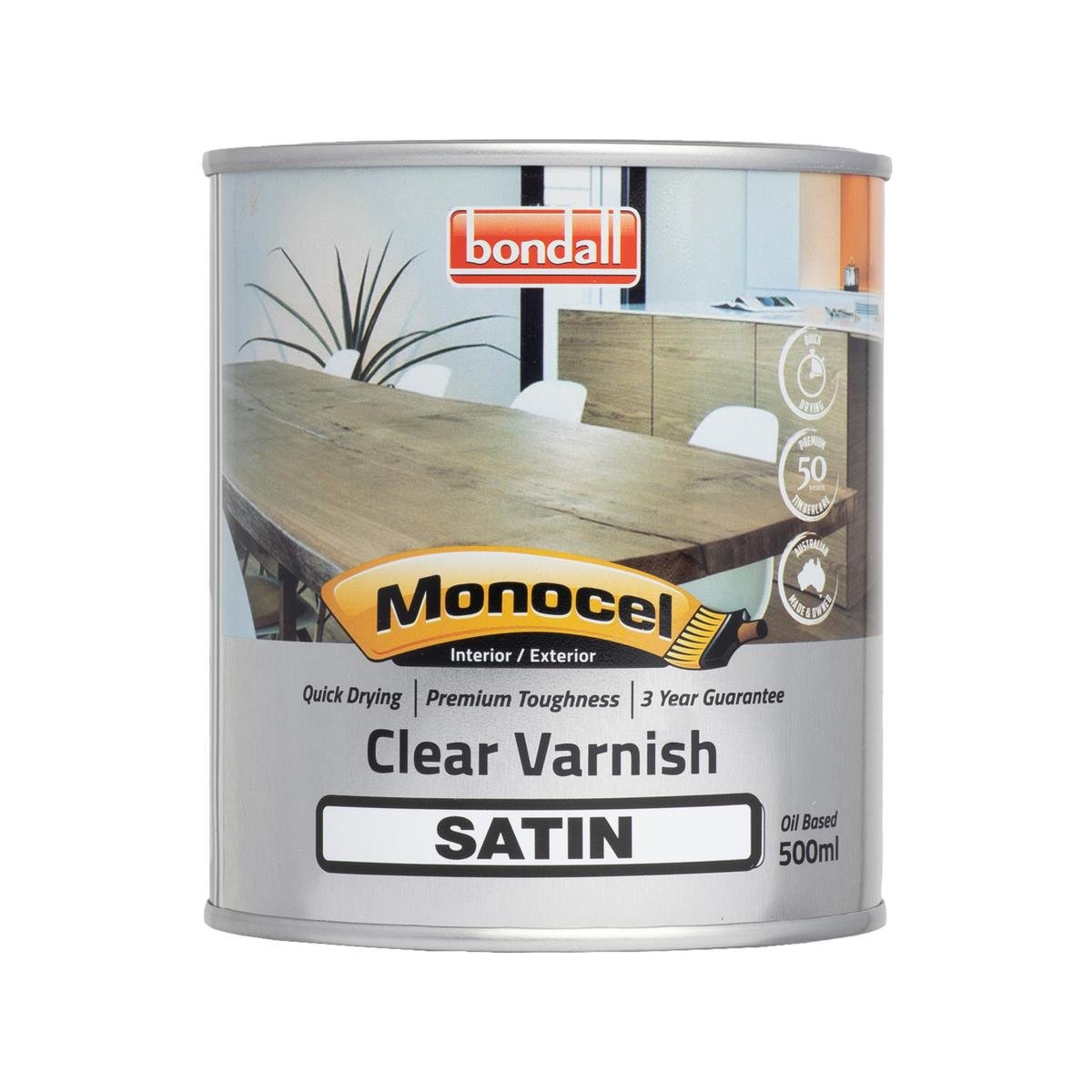 Bondall Monocel 500ml Satin Clear Timber Varnish, Polyurethane, UV Resistant Interior & Exterior Finish