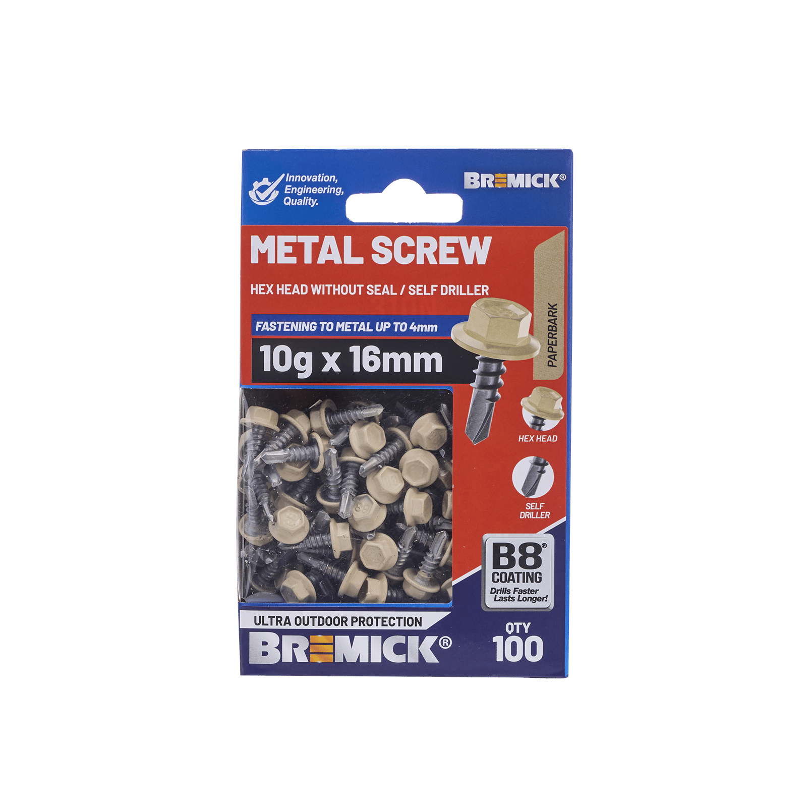 Bremick 10g x 16mm Hex Metal Screw, Carbon Steel B8 Paperbark, Drill Point Fine Thread - 100 Box