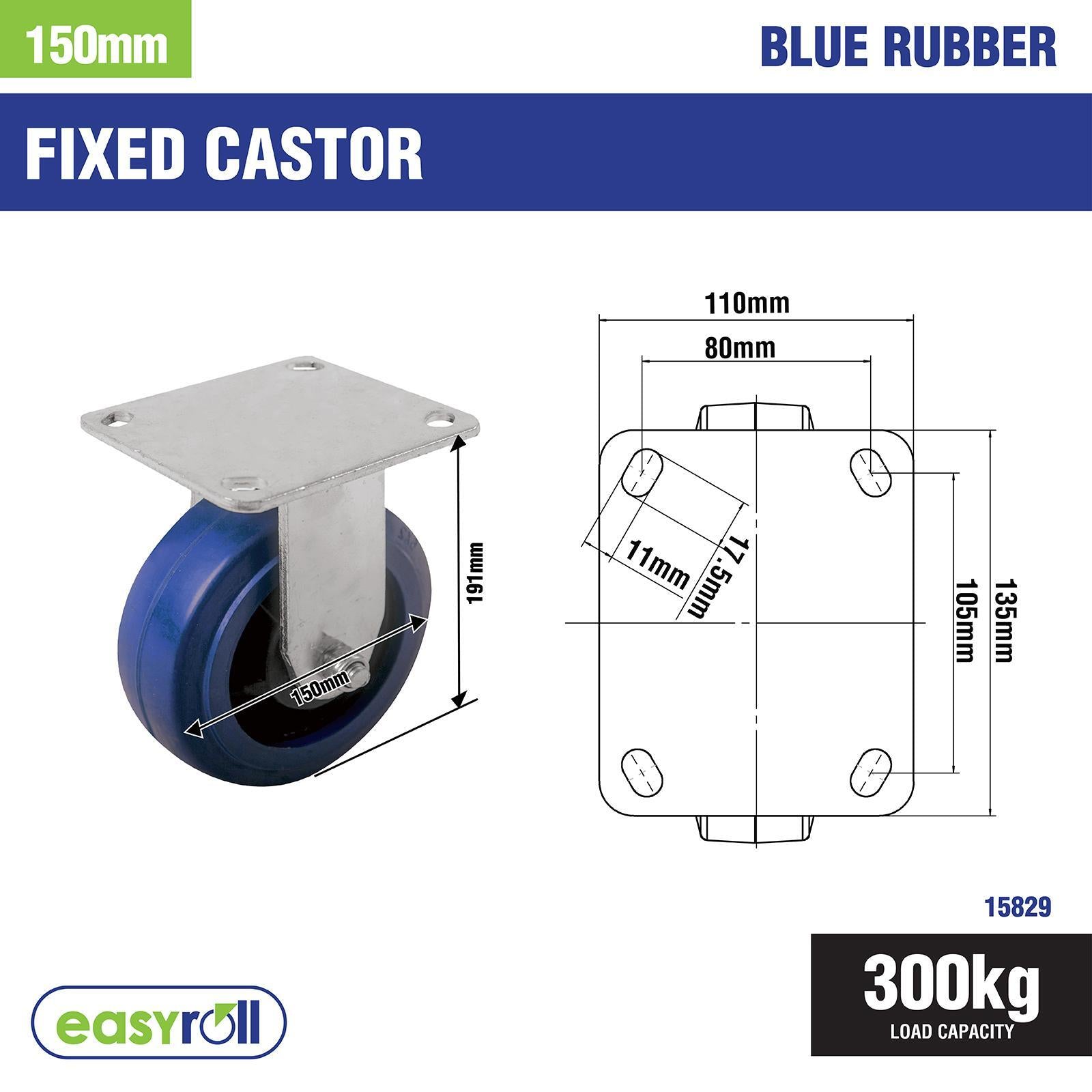 Easyroll 150mm Blue Elastic Rubber Heavy Duty Fixed Plate Castor 300kg