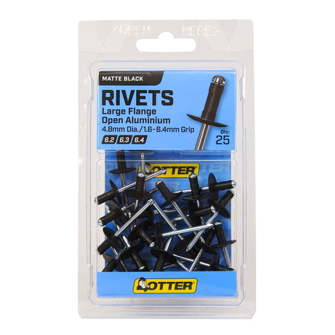 Otter 1.6-6.4mm Matte Black Large Flange Aluminium Rivets - 25 Pack