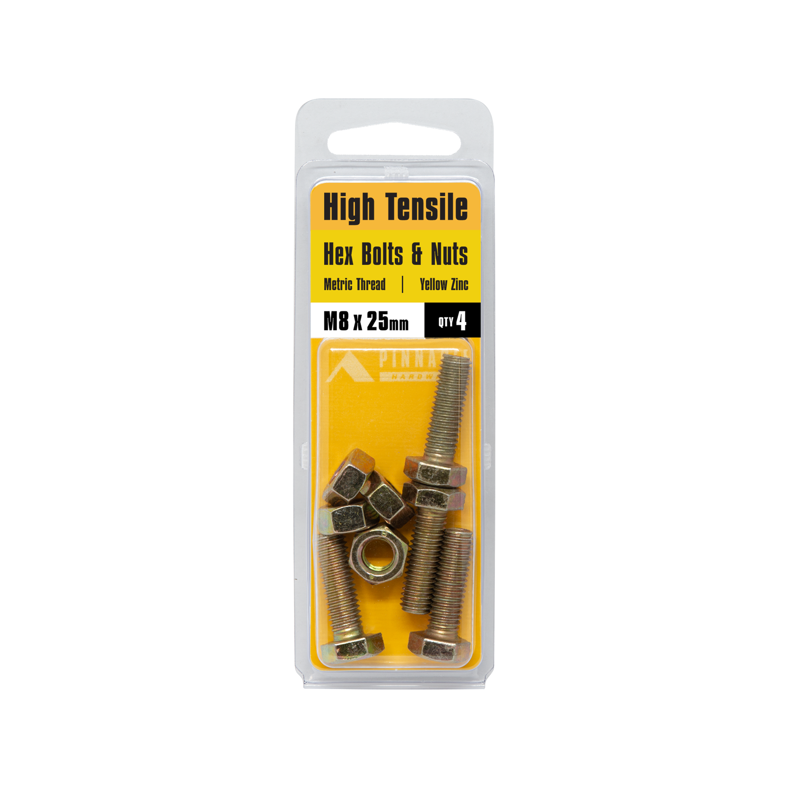 Pinnacle M8 x 25mm Hi-Tensile Hex Bolt and Nut - Yellow Zinc, 4 Pack