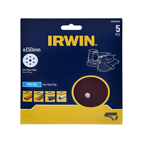 Irwin 150mm 240 Grit 6+1 Hole Quick Fit Random Orbital Sanding Discs - 5 Pack