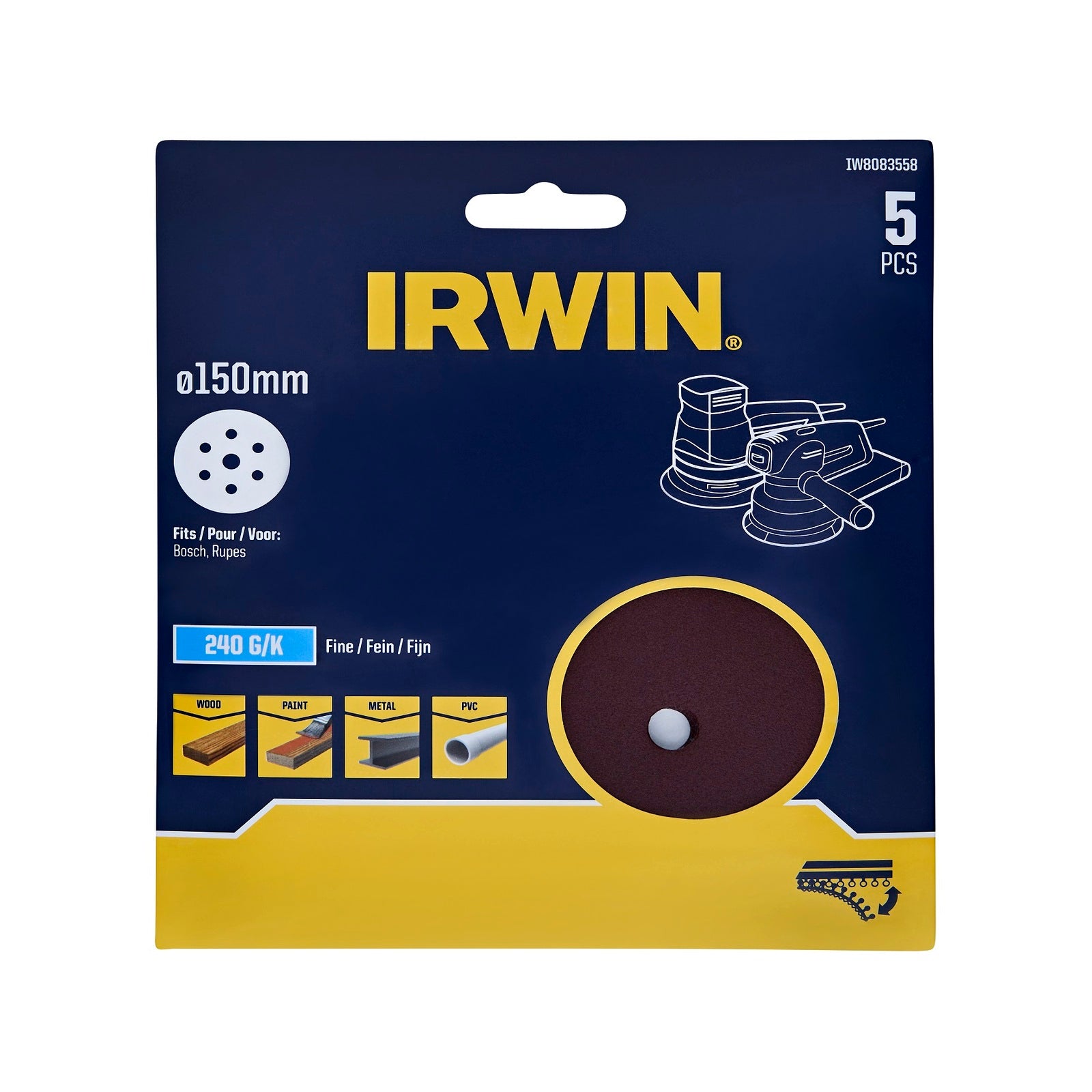 Irwin 150mm 240 Grit 6+1 Hole Quick Fit Random Orbital Sanding Discs - 5 Pack