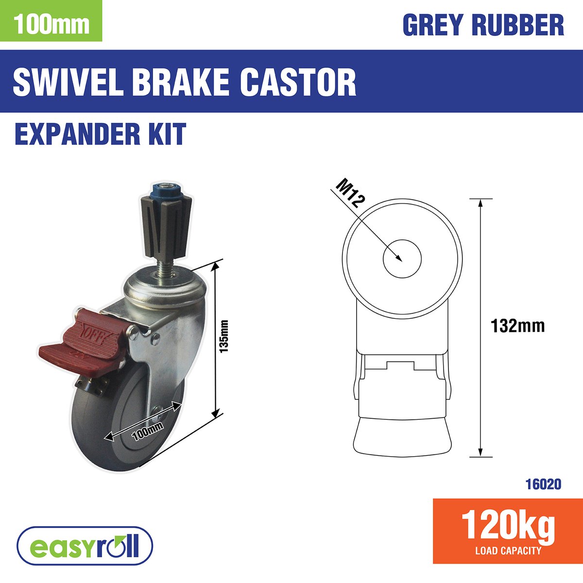Easyroll 100mm 120kg Grey Rubber Braked Castor Expansion Kit