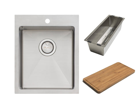 Oliveri Apollo Single Bowl Sink - 415mm Brushed Stainless Steel, Chopping Board and Colander - AP1451