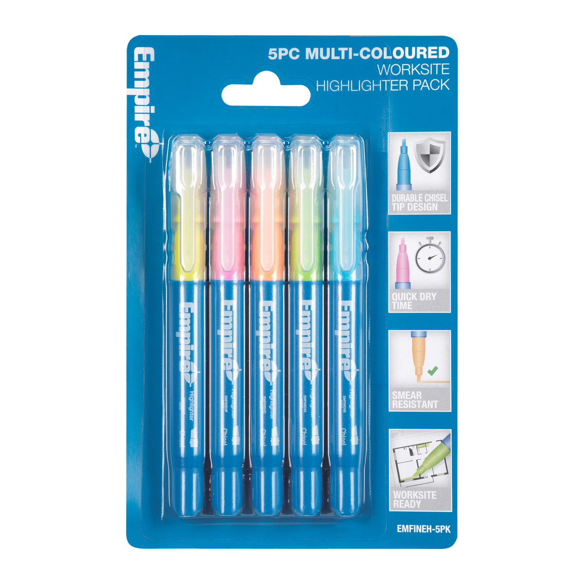 Empire 5 Piece Multi Coloured Highlighter Pack - 18.8mm x 186mm - Durable Ink - SuperSaverAU - view 1