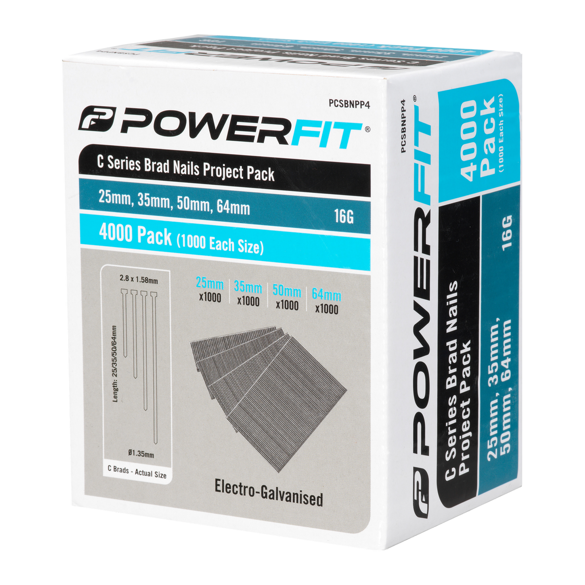 Powerfit C Series Brad Nails Project Pack - 4000 Nails - 25mm 35mm 50mm 64mm - Electro Galvanised - SuperSaverAU - view 1