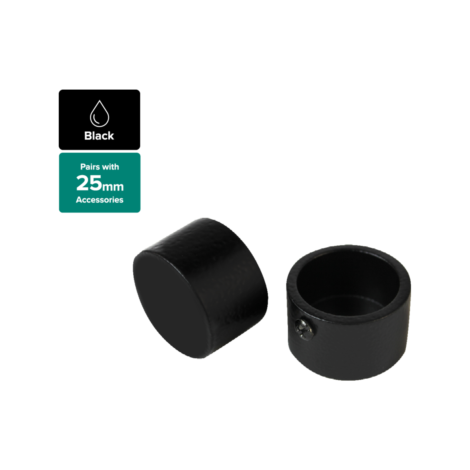 Pillar 25mm Black Aluminium Curtain Rod Finial Cap - 2 Pack