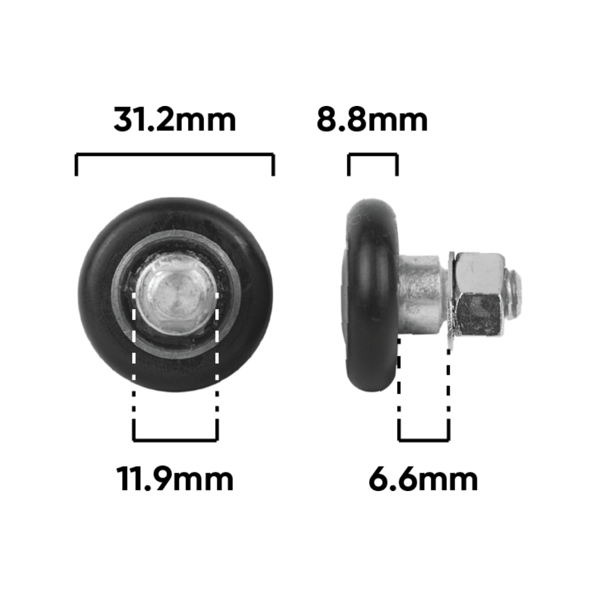 Rolltrak 31mm Black Acetal Convex Roller with Threaded Stud, Patio Door