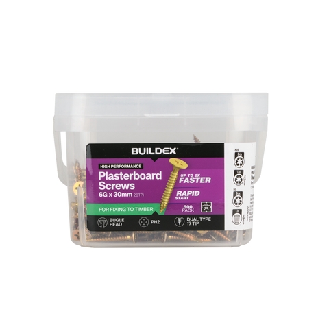Buildex Plasterboard Screws - 6g x 30mm Gold Passivated - 500 Pack - Dual Type 17 Tip - Corrosion Resistant - SuperSaverAU - view 1
