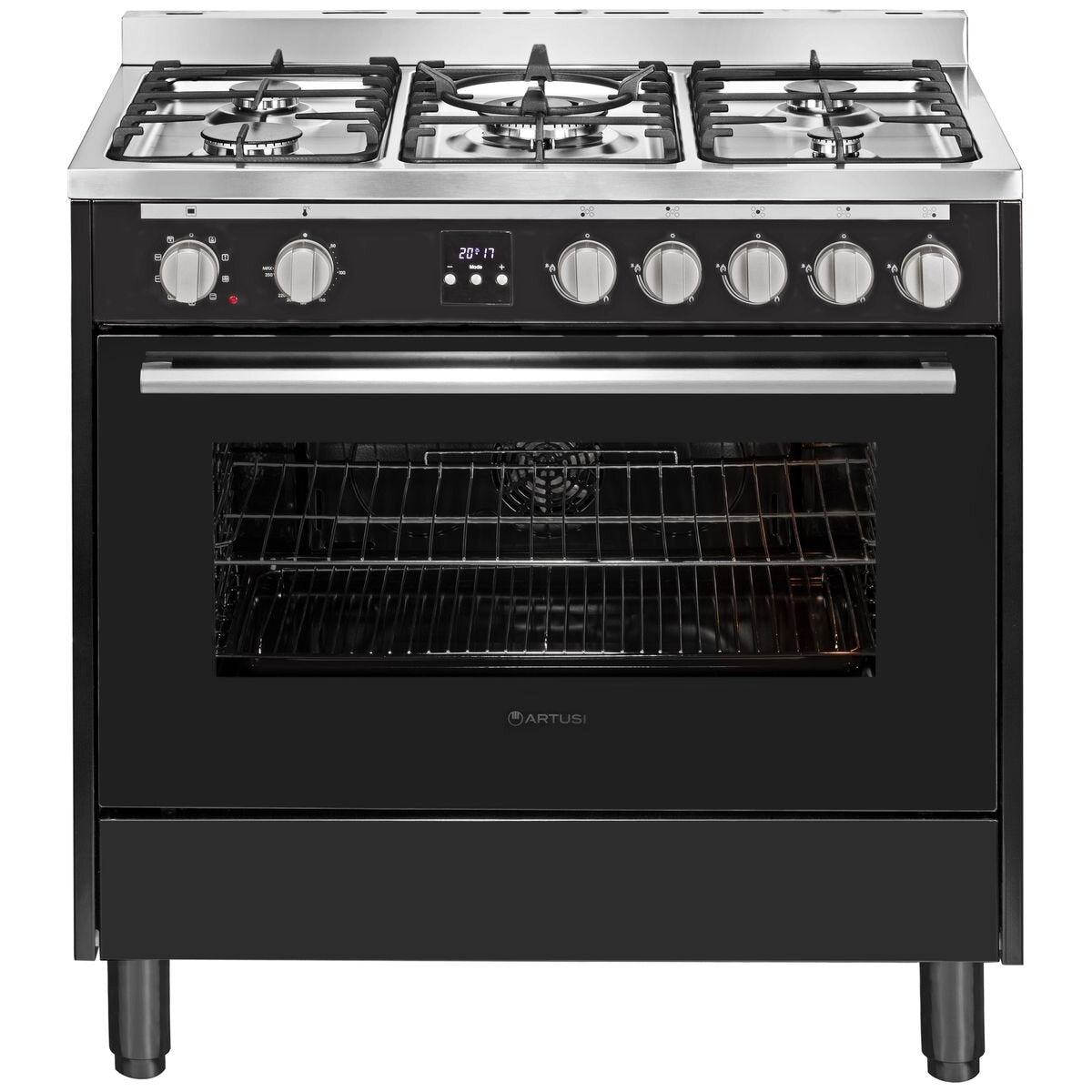 Artusi 90cm dual fuel freestanding oven - Matte Black, 100L, 5 gas burners with wok - AFG915B-1