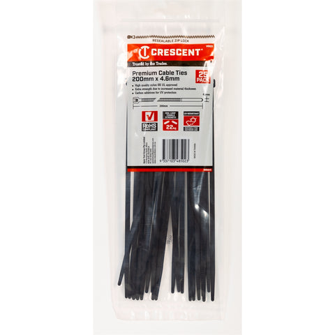 Crescent 200mm x 4.6mm Black UV Resistant Nylon Cable Ties 25 Pack