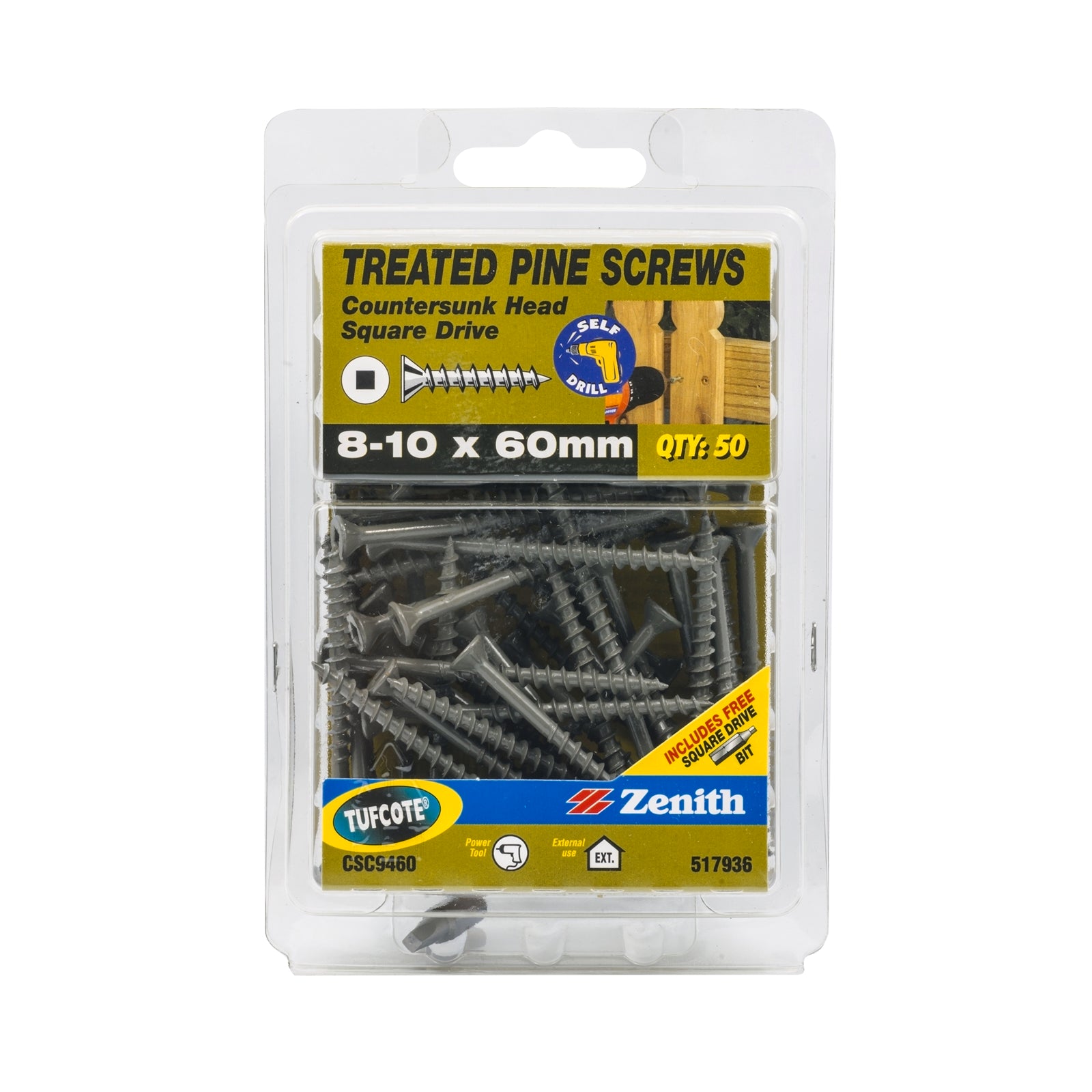 Zenith 8-10 x 60mm Treated Pine Countersunk Head Screws - Tufcote, Needle Point, 50 Pack