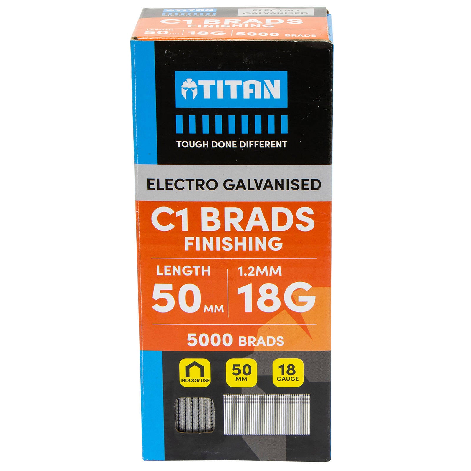 Titan 50 x 1.25mm Electro Galvanised Straight Collated C1 Brad Nails 5000 Pack