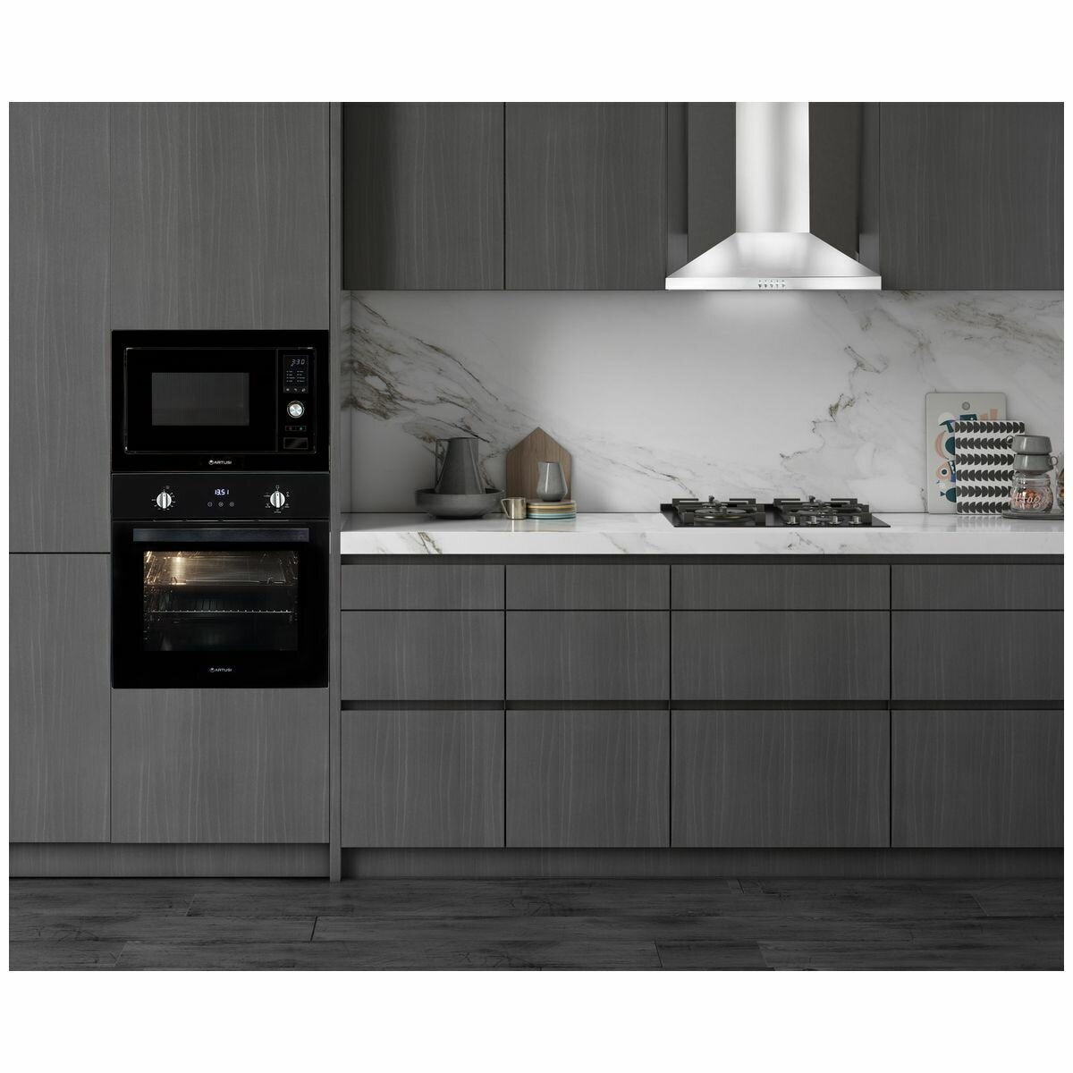 Artusi 28L built-in microwave with trim kit - 900W, black finish, 8 auto menus, quick start - AMG28TKB